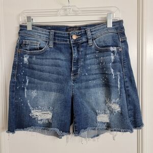 Judy Blue Distressed Blue Denim Shorts Frayed Cut Off Hem Beach Splash Midrise L